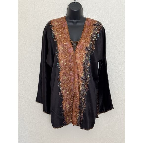 Vintage Retro Silk Beaded V-Neck Top Tunic Boho Witchy Fairy Goth Festival - Picture 2 of 12